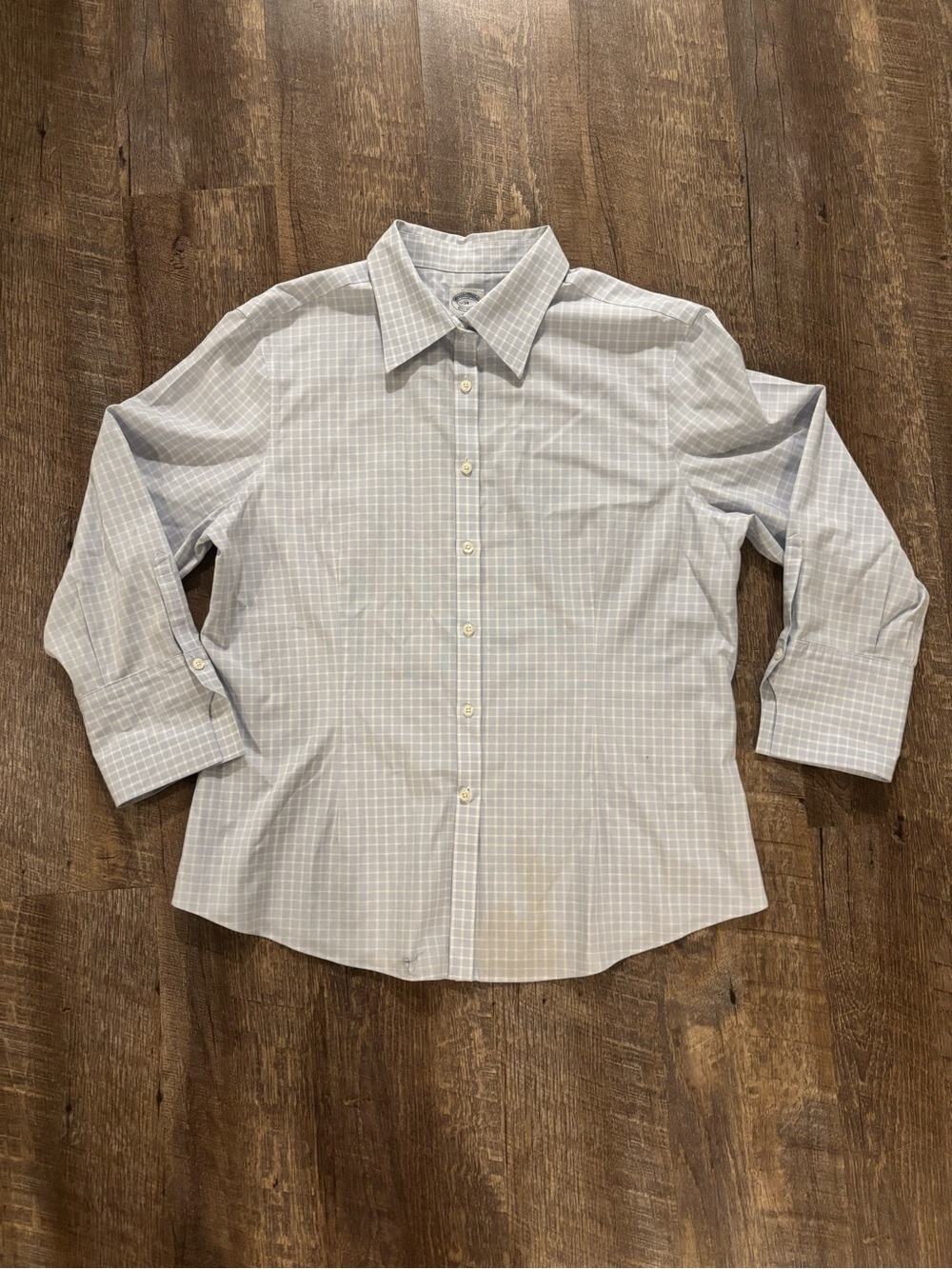 Brooks Brothers Fitted Non-Iron Stretch Dress Shirt Light Blue Plaid Womens 14